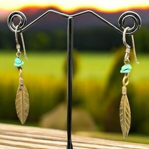 Native American Sterling Silver Brass & Turquoise Feather Dangle Drop Earrings